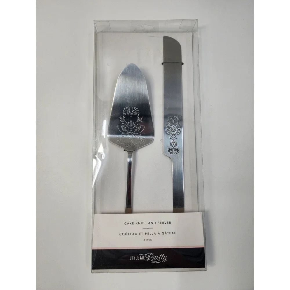 Style Me Pretty Cake Knife and Server Set Silver Etched Floral Wedding 34994 NEW